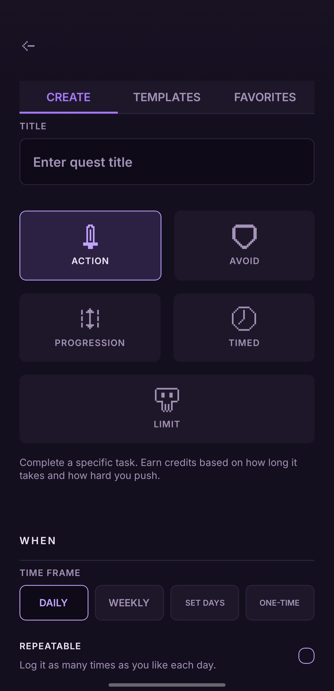 The quest builder, with Action, Avoid, Progression, Timed and Limit types and a daily, weekly, set-days or one-time time frame.