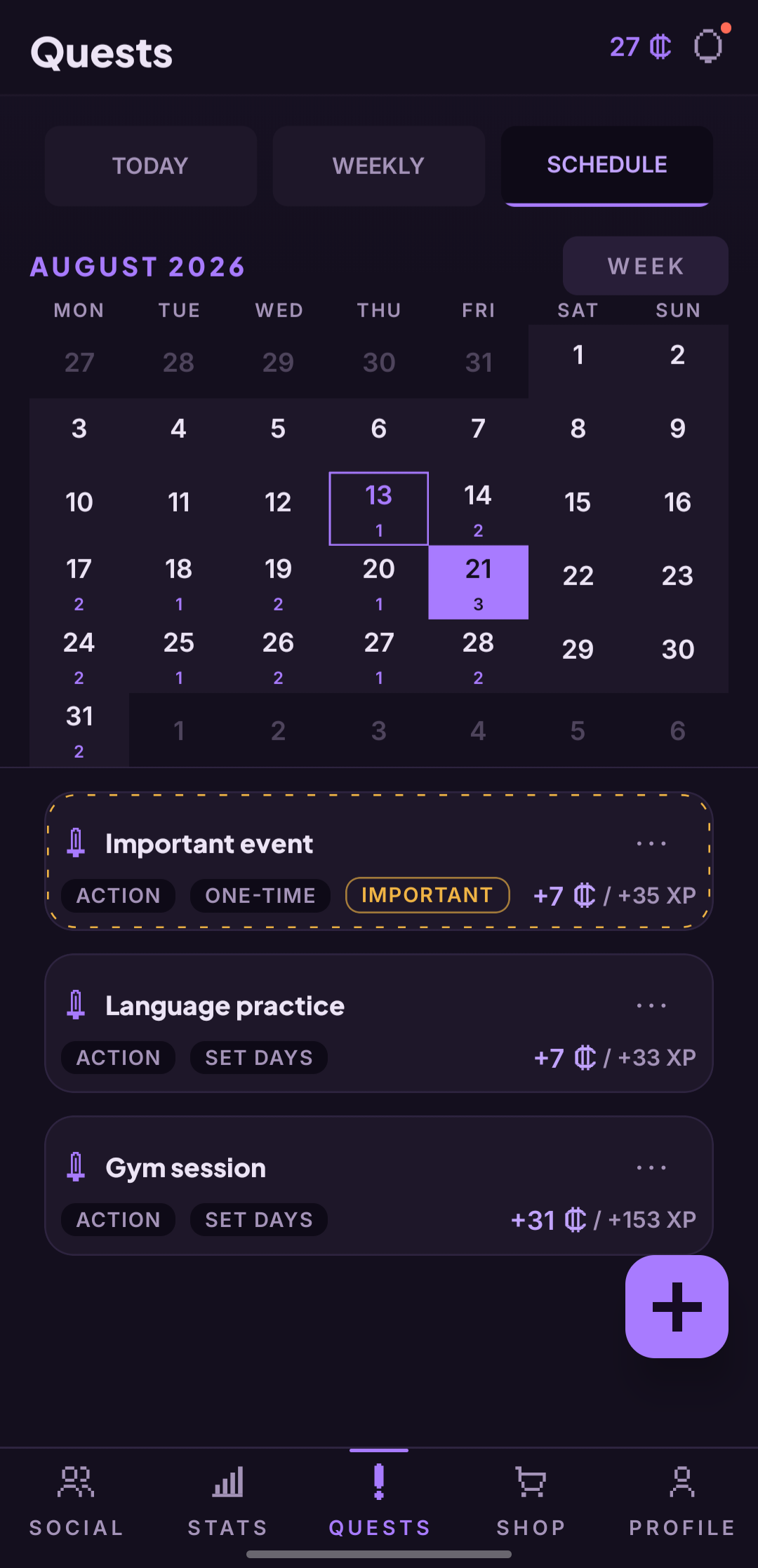 A month calendar for August 2026 with per-day quest counts, and the selected day's quests listed underneath.