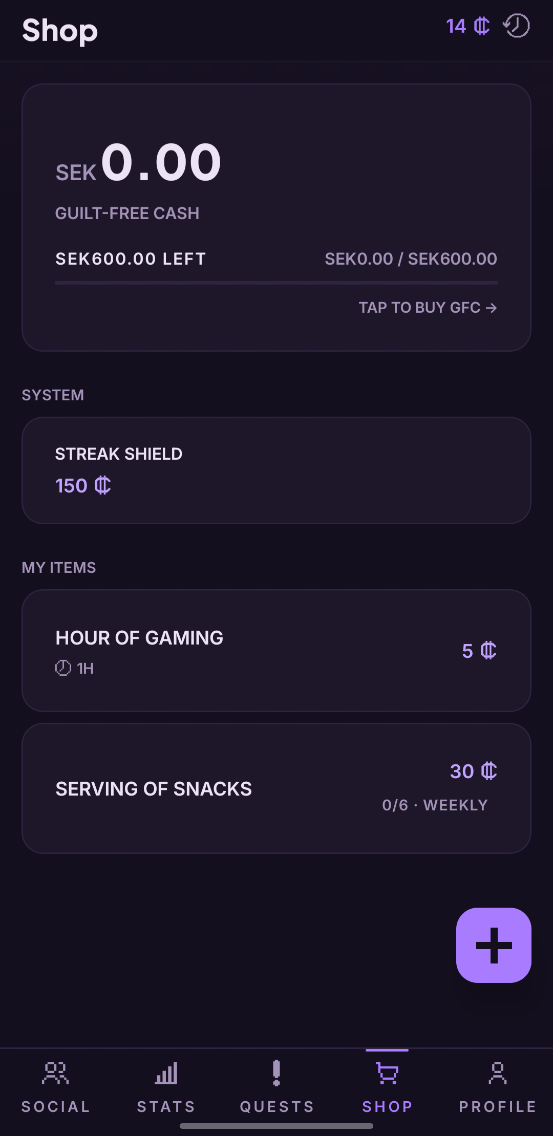 The Shop: a guilt-free cash balance, a streak shield, and owned rewards priced in credits.