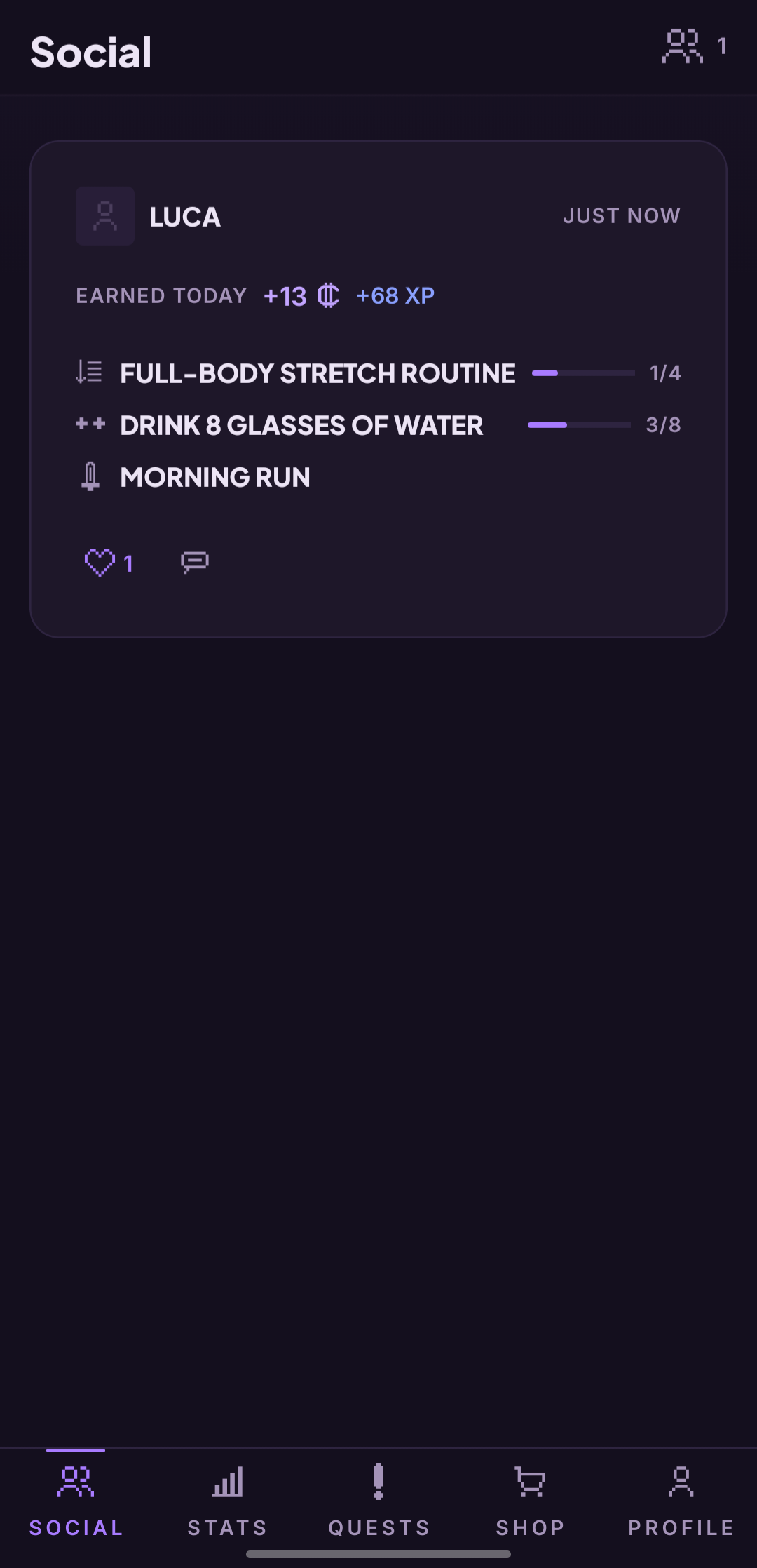 The Social feed, showing a friend's daily total and their quest progress bars.
