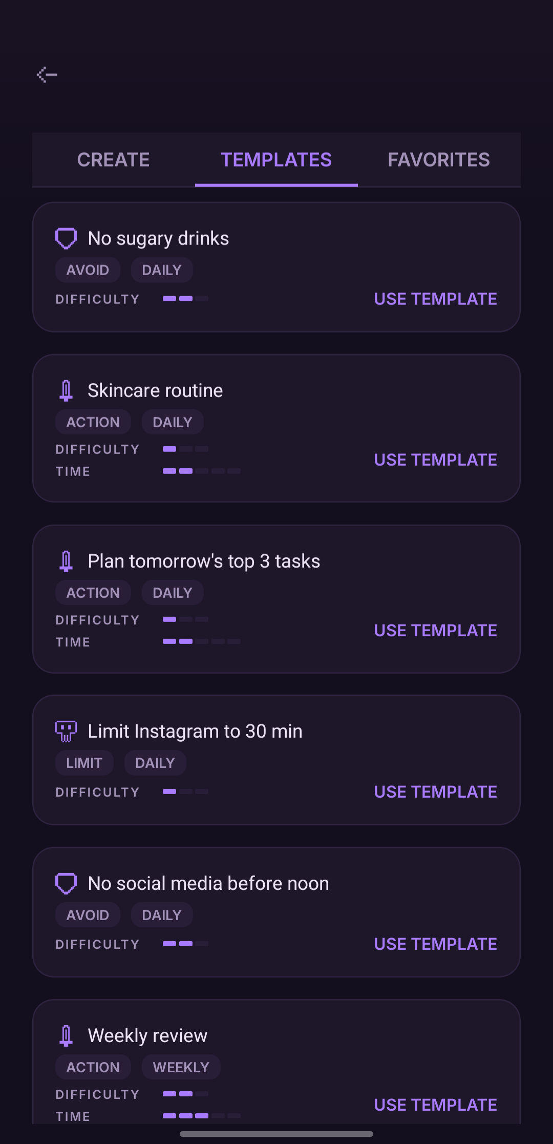 A list of quest templates with difficulty and time meters, each offering a Use Template action.