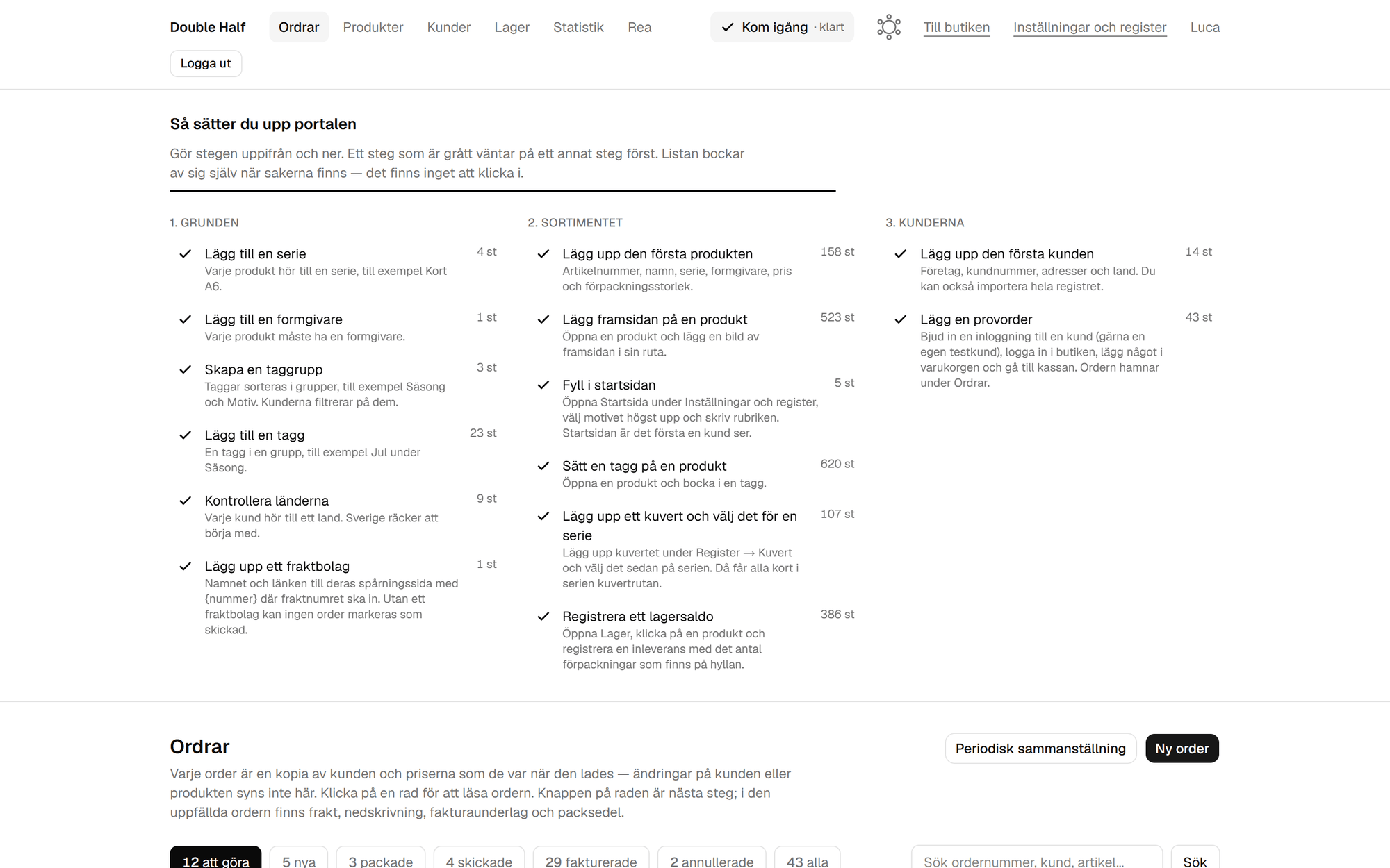 The setup checklist unfolded under the admin header. Three columns for the basics, the catalog and the customers, each a list of setup steps with a tick and a count, all of them done.