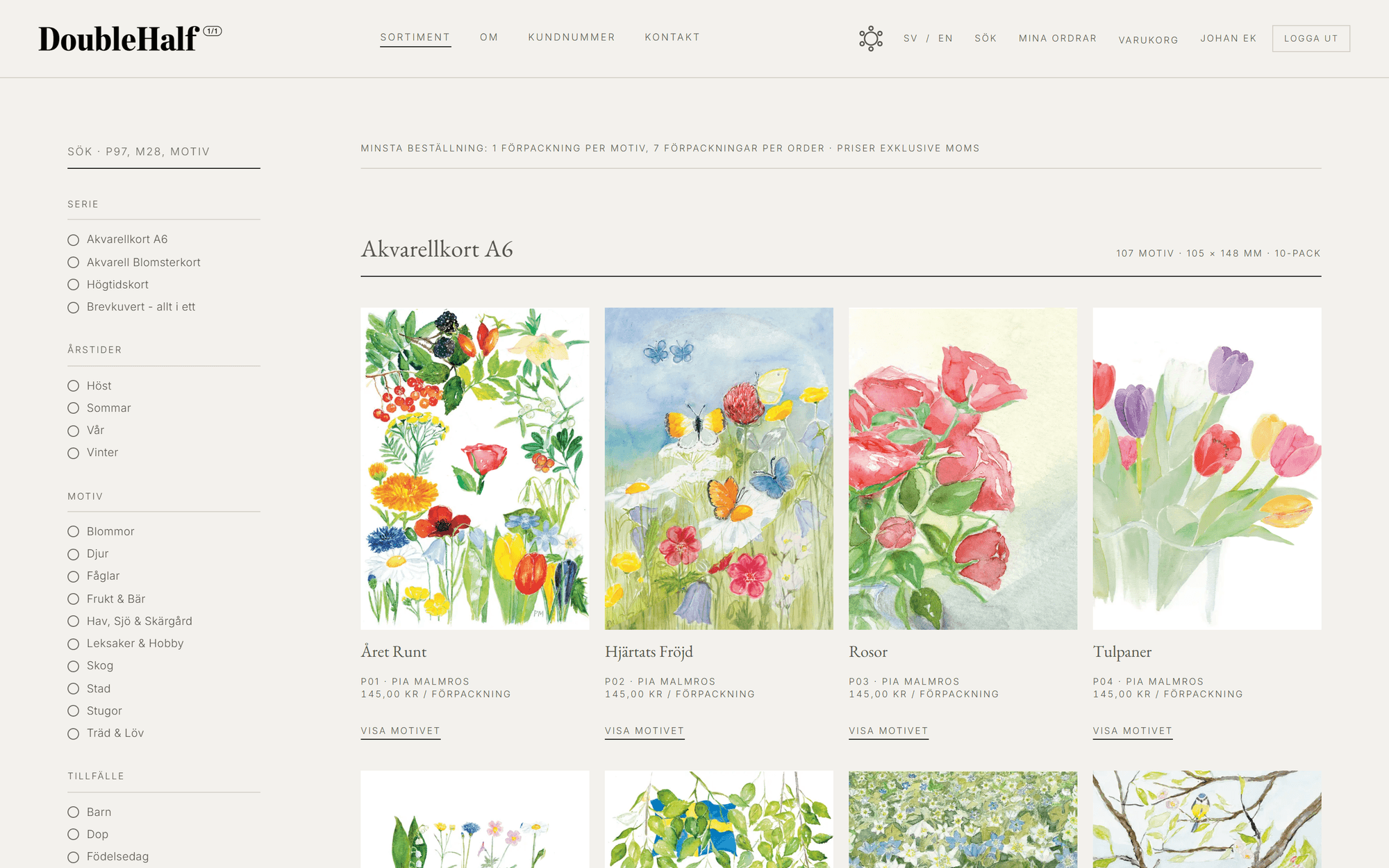 The catalog, logged in as a reseller. A filter column on the left for series, seasons, motifs and occasions, and a grid of watercolour cards, each with its name, article number, designer and price per package.