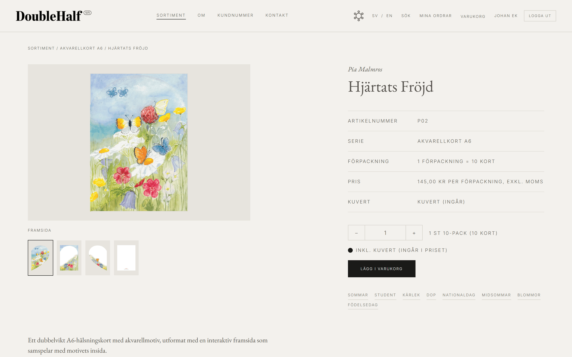 The product page for the card Hjärtats Fröjd. On the left the 3D viewer shows the closed card, a meadow with butterflies, with thumbnails of the four sides of the card under it. On the right the article number, series, pack size, price, a quantity field and an add to cart button.