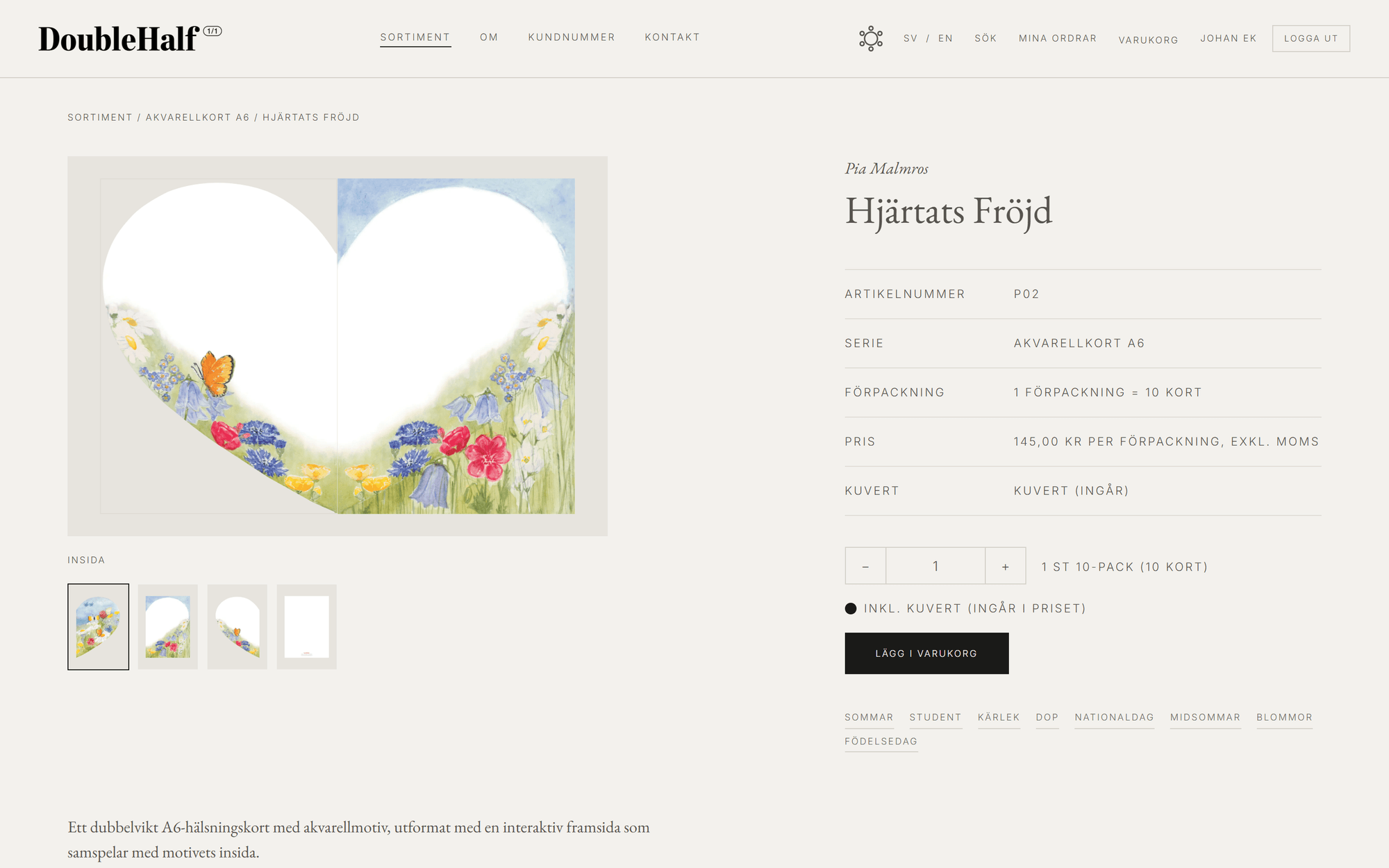 The card fully opened in the 3D viewer. The inside left page and the inside right page lie side by side and form one large white heart across the fold, with painted flowers and an orange butterfly around it.