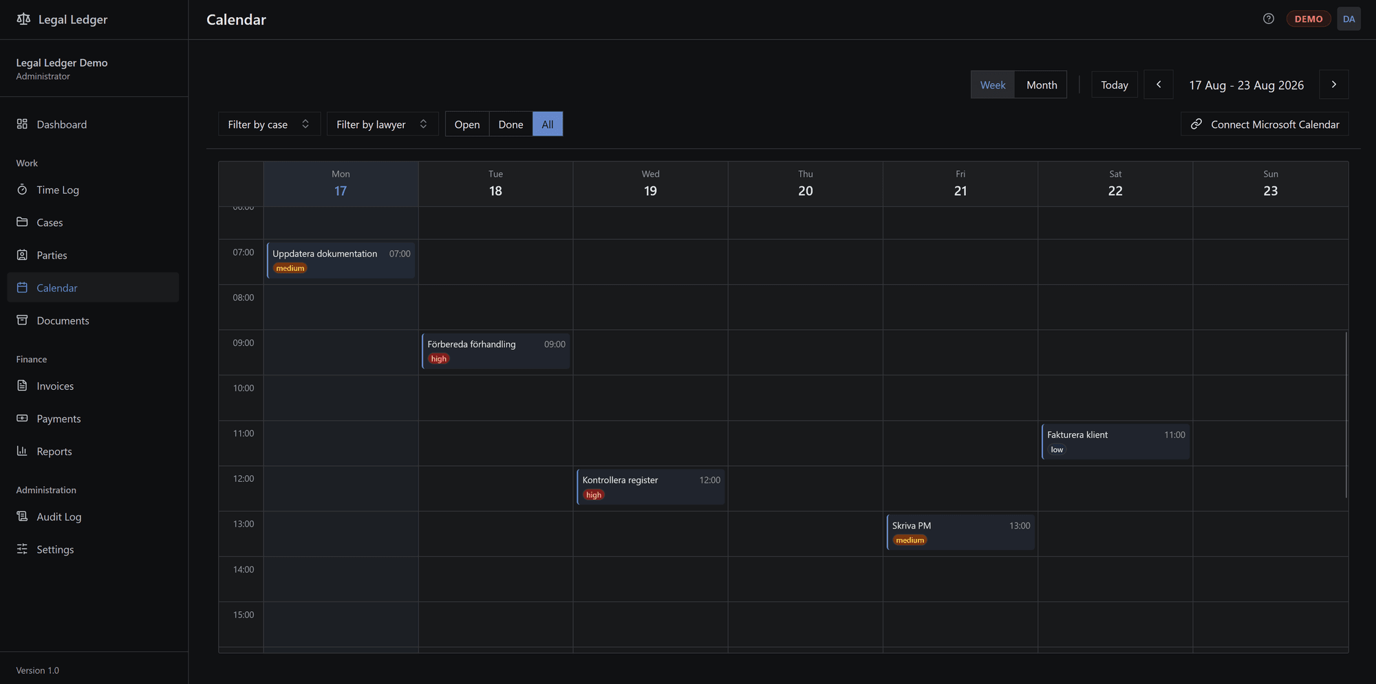 The calendar in week view, with case tasks placed on the hour and tagged high, medium or low, plus filters by case and by lawyer and a button to connect a Microsoft calendar.