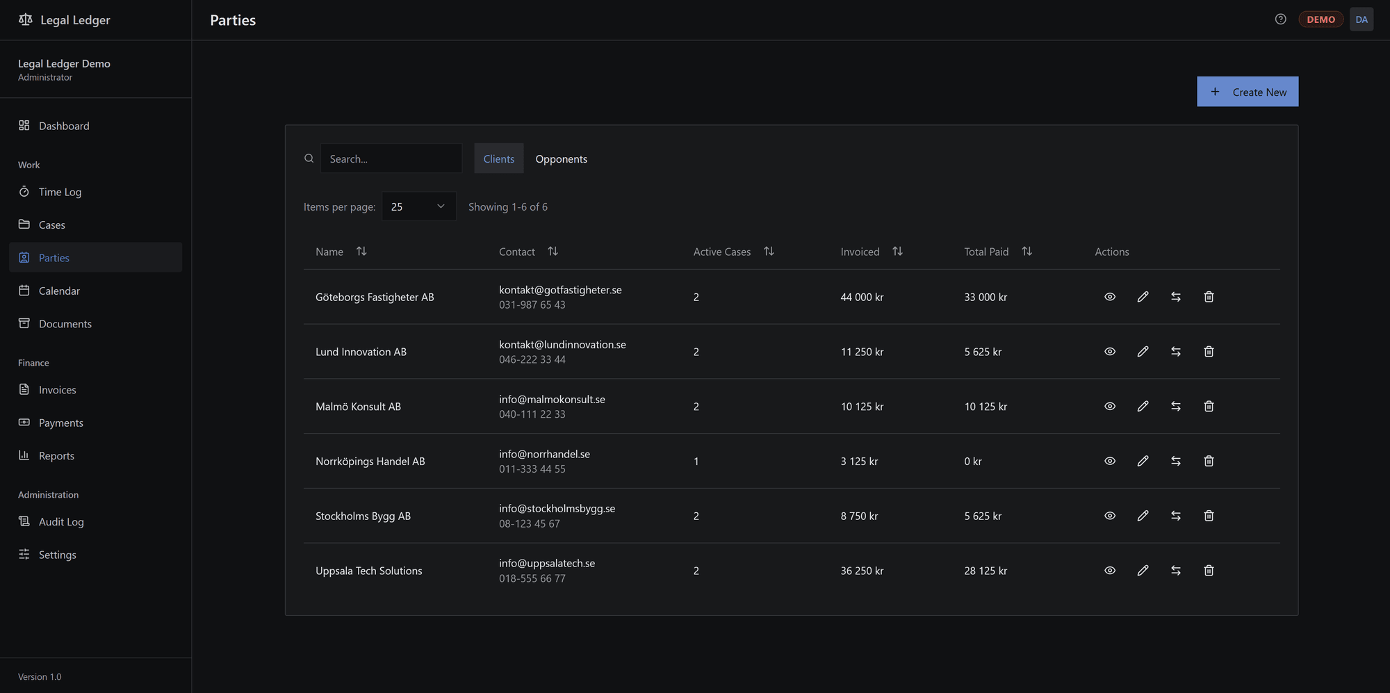 The parties list on the clients tab, each row showing contact details, active cases, the total invoiced and the total paid, with a second tab for opposing parties.