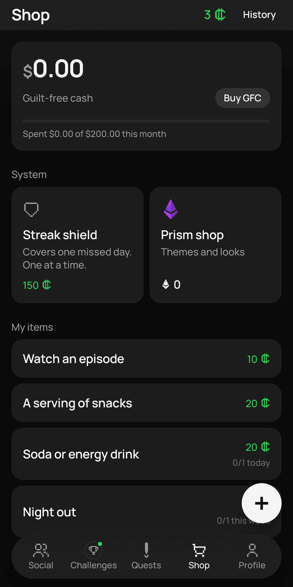 The Shop. Guilt-free cash at the top with $0.00 of a $200 monthly budget spent and a Buy GFC button. Under it a streak shield for 150 credits and the Prism shop for themes, then the user's own rewards: watch an episode for 10 credits, a serving of snacks and a soda or energy drink for 20 each, and a night out.