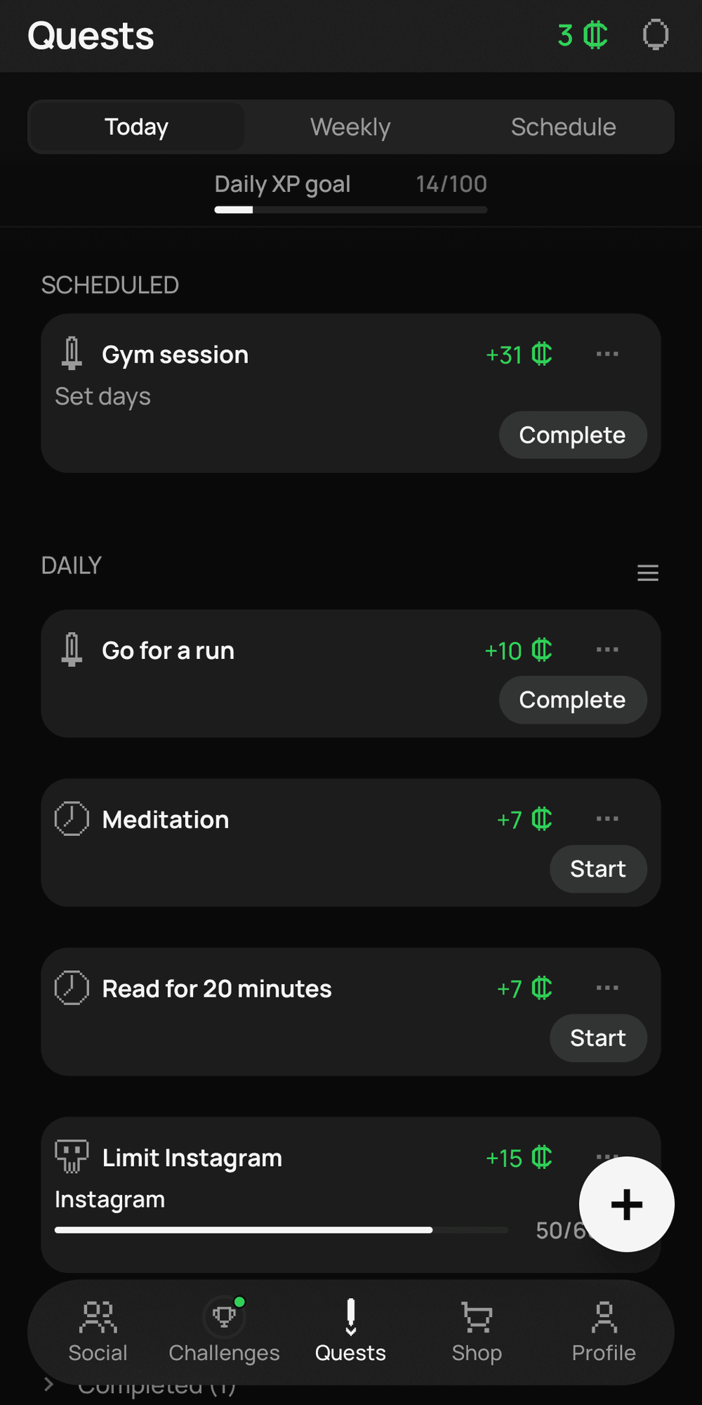 The Quests screen on the Today tab. The daily XP goal at 14 of 100, a scheduled gym session worth 31 credits, then daily quests to go for a run, meditate and read for 20 minutes, and a limit on Instagram with a bar showing the time used.