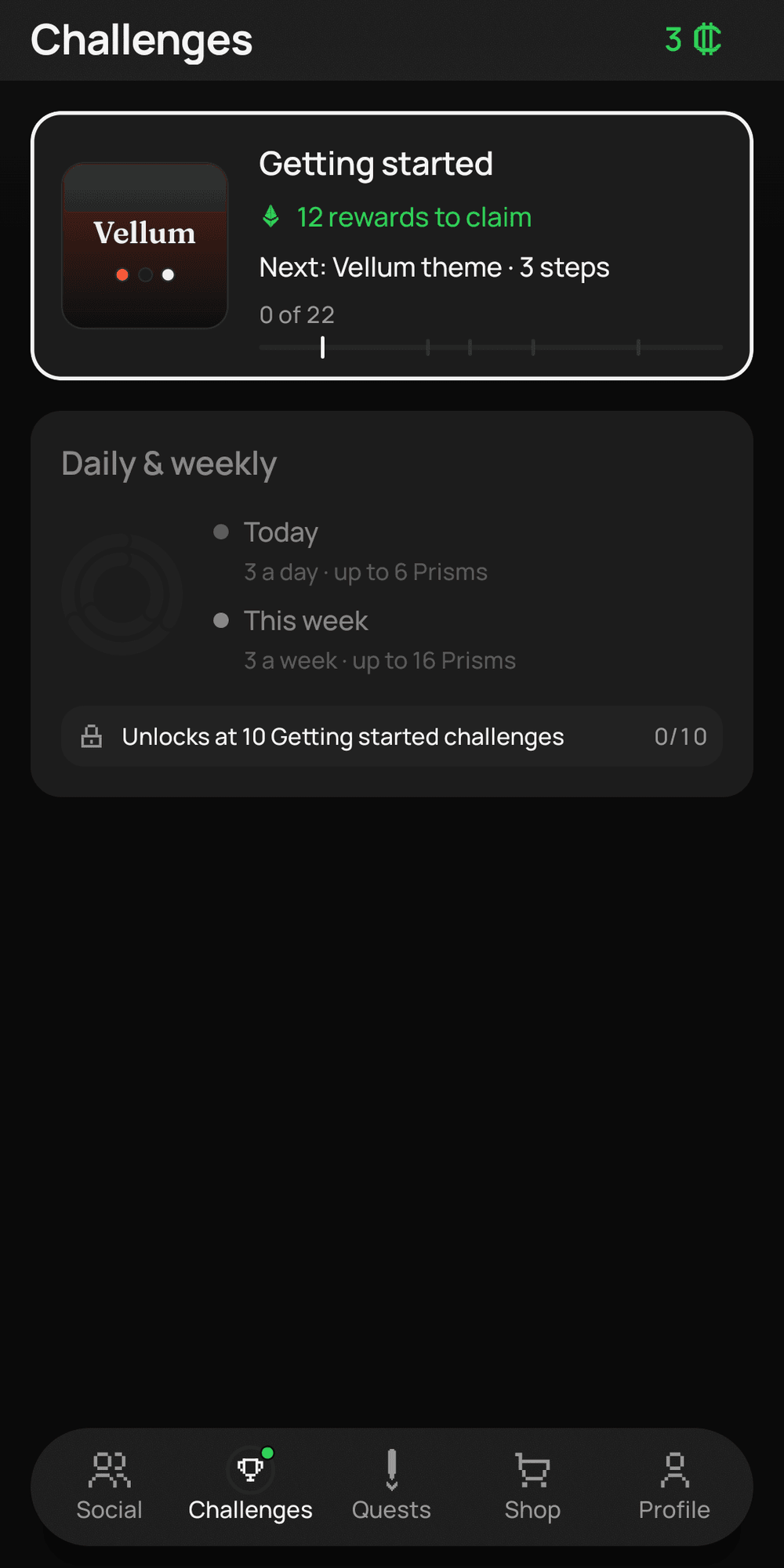 The Challenges screen. Getting started at 0 of 22 with 12 rewards to claim, the next being the Vellum theme in 3 steps. Below it the daily and weekly challenges are locked until 10 Getting started challenges are done.