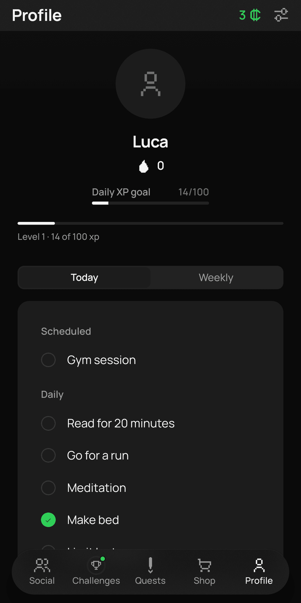 The Profile screen. The user's name, a streak of 0, the daily XP goal at 14 of 100, level 1 at 14 of 100 XP, and a checklist of today's quests with Make bed ticked off.