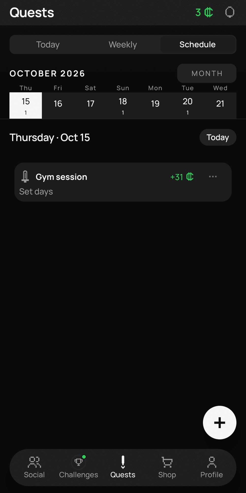 The Schedule tab in week view for October 2026. Thursday the 15th is selected and shows a gym session worth 31 credits, and the days that have quests show a count under the date.