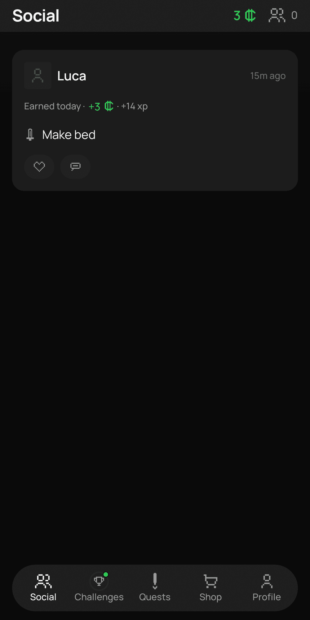 The Social screen. The user's own card for the day, posted 15 minutes ago, showing 3 credits and 14 XP earned from Make bed, with a heart and a comment button.