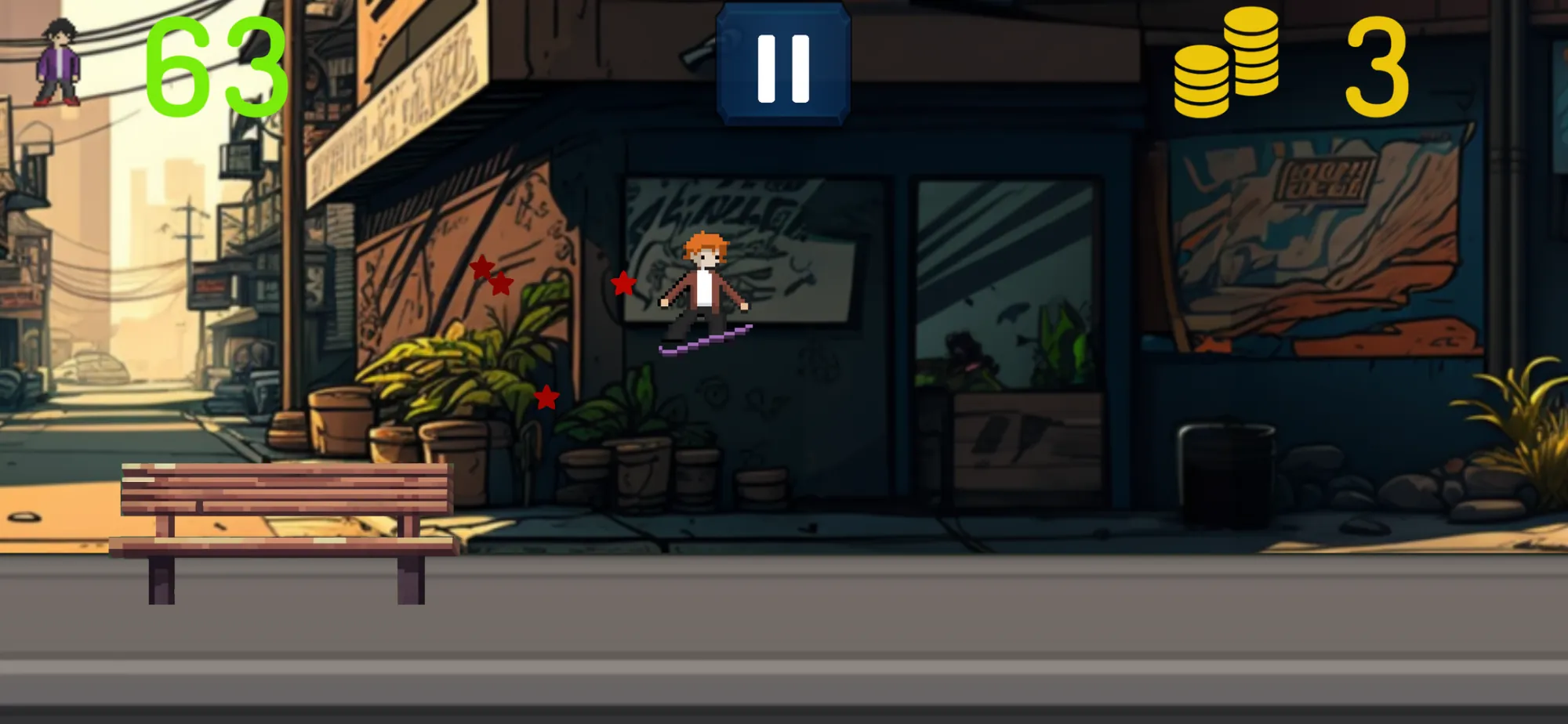The skater mid-air over a city street, in front of a shop covered in graffiti, with the score and coin count across the top of the screen.