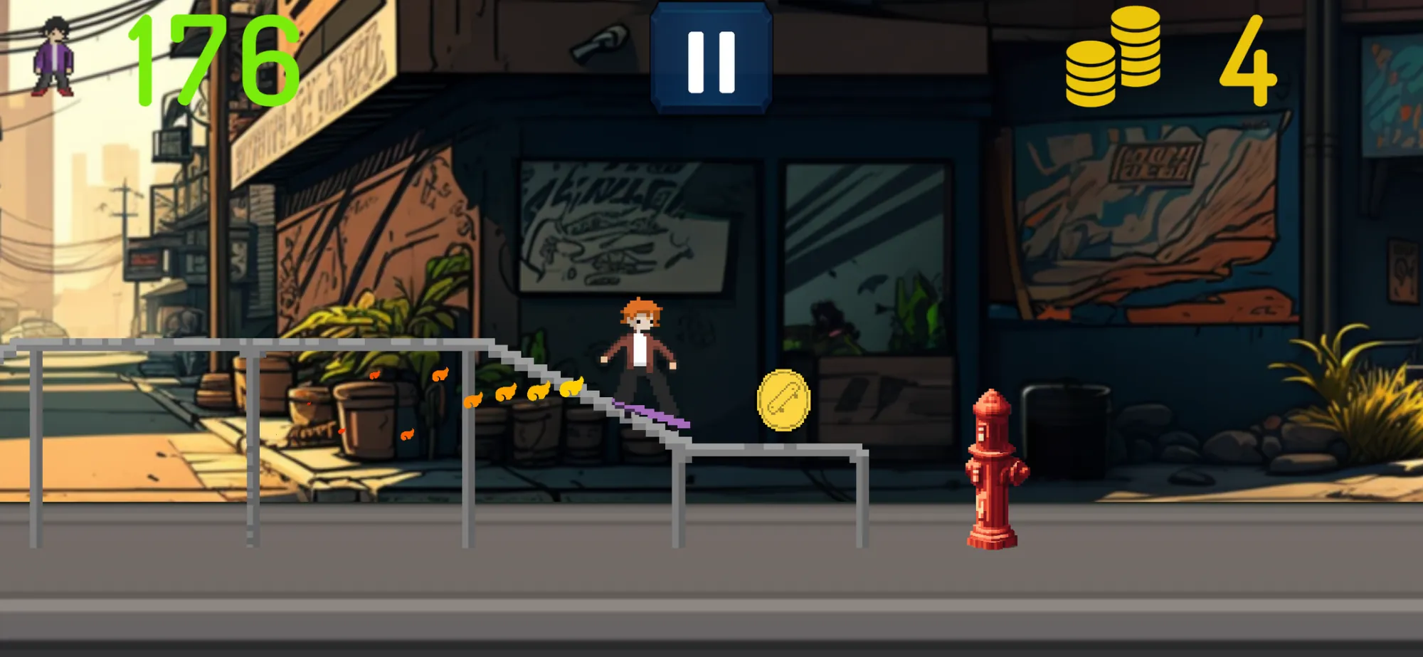 The skater grinding a rail past a graffitied storefront, sparks trailing off the board and the score at 176.