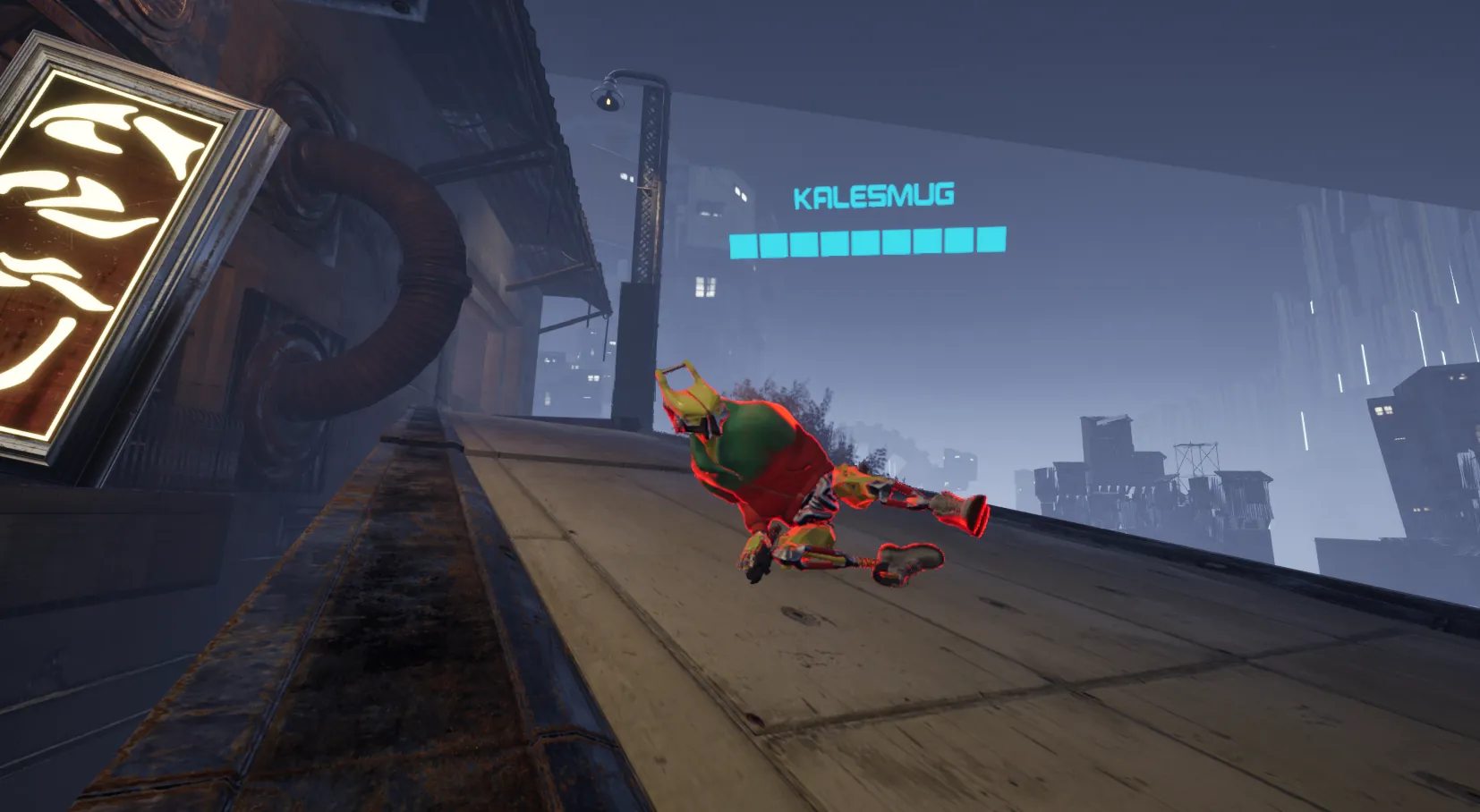 Brain, a red and green character mid-leap over a rooftop, outlined in red with a nameplate above.