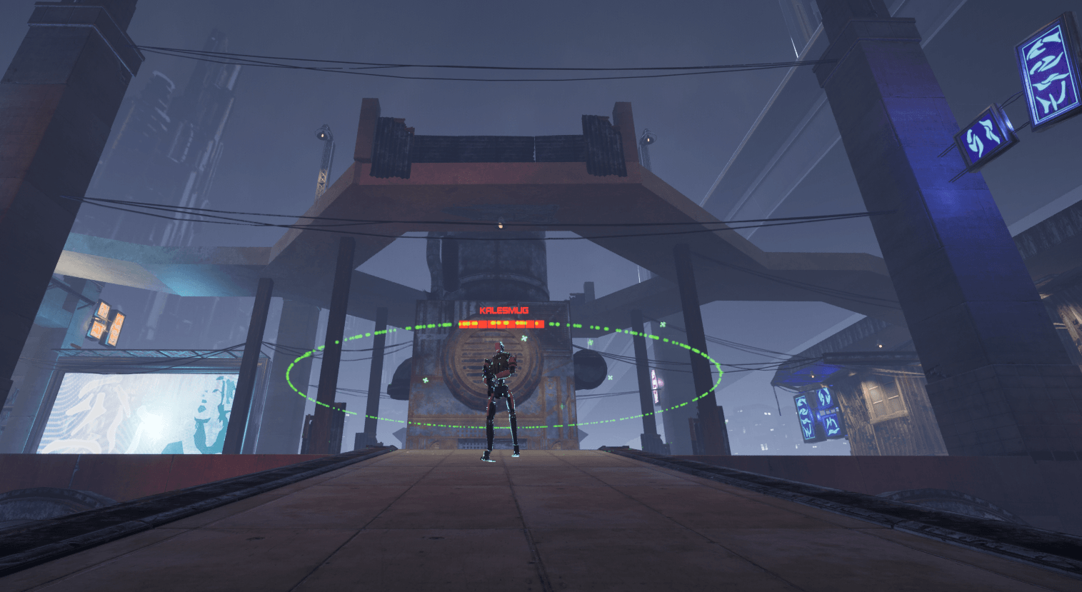Brawn, a dark armoured robot standing under a city gateway inside a ring of green markers.