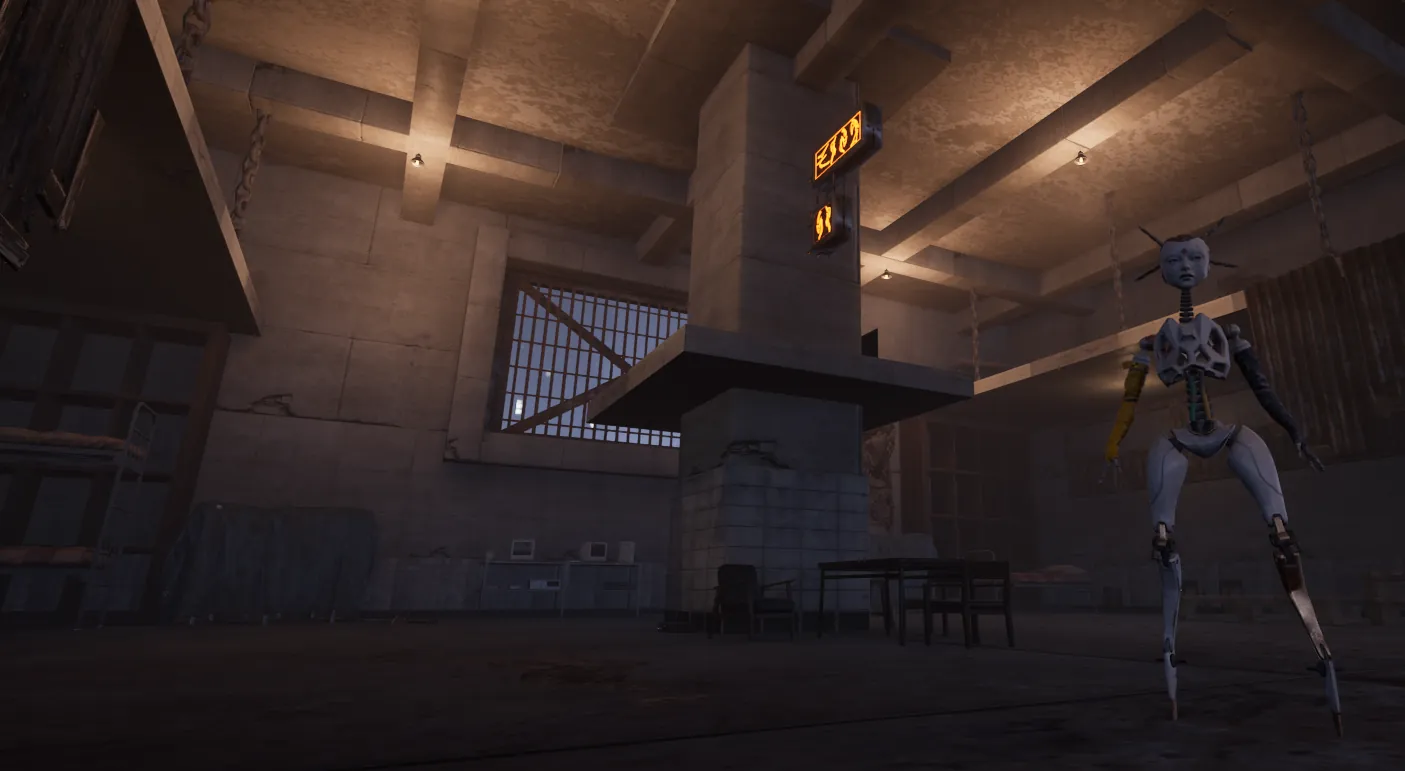 Brisk, a slim white robot with a topknot, standing in a dim concrete warehouse.
