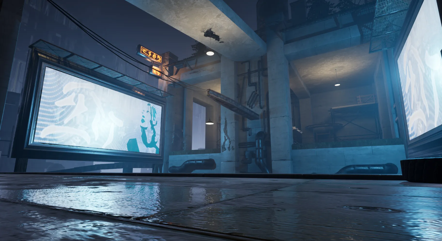 A rain-slicked street in Ternion's neon-lit city, lit blue by two large screens.
