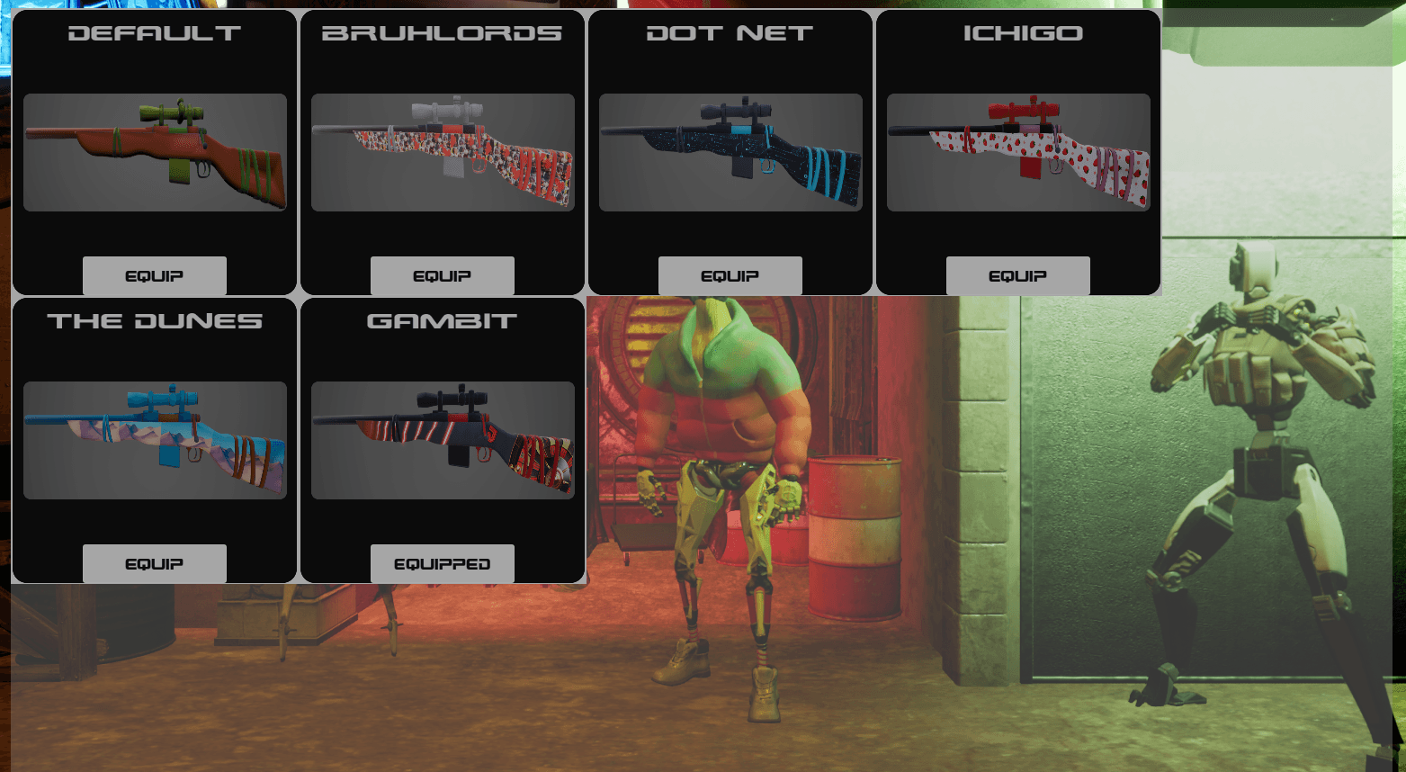 A menu of six sniper rifle skins named Default, Bruhlords, Dot Net, Ichigo, The Dunes and Gambit, each with an Equip button. Gambit is equipped, and two characters stand in a room behind the menu.