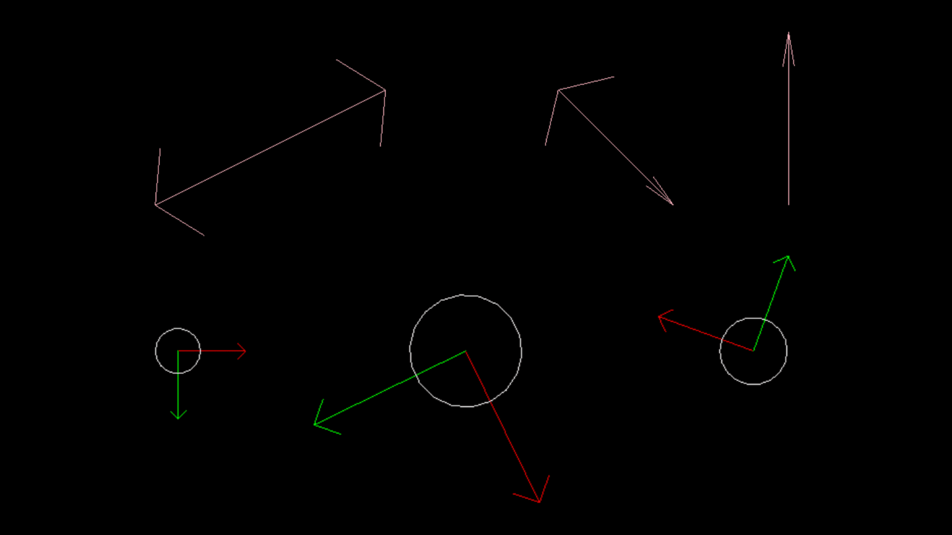 Debug arrows drawn on a black screen. Two thin pink arrows across the top, and below them three circles each with a red and a green arrow pointing out from its centre.