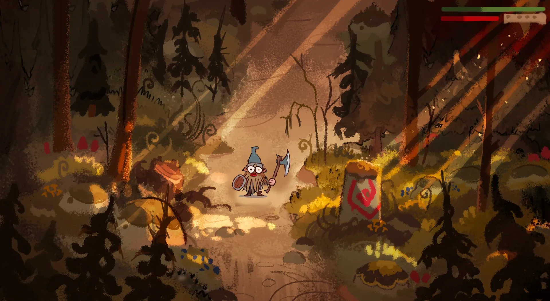 Concept art for Skoggangr. A gnome with an axe and a round shield stands on a sunlit path through a dark painted forest, with health bars in the corner.