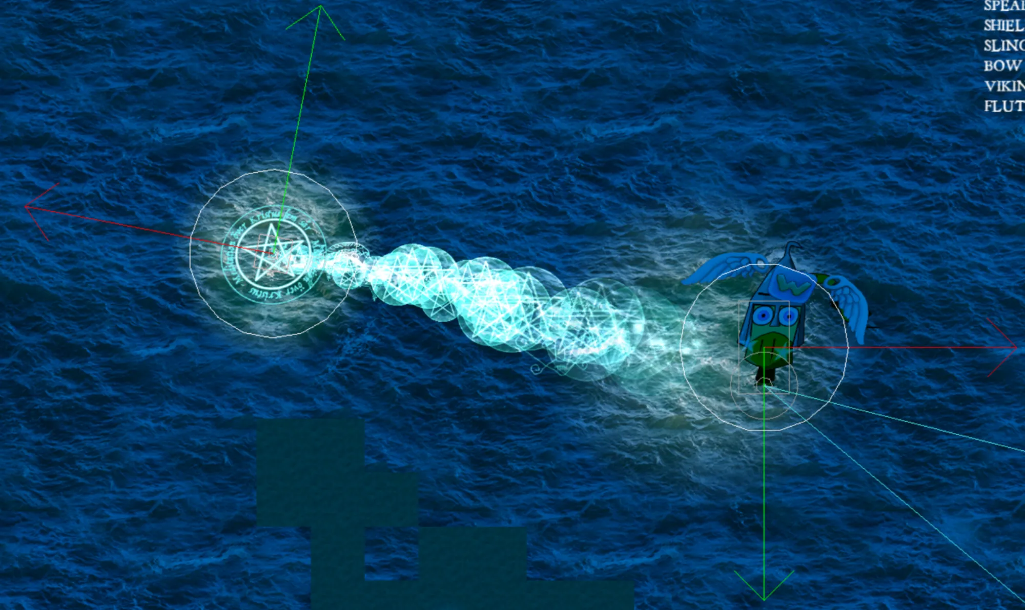 The debug arrows running in the game. Red and green arrows mark the rotation of a rune circle and of a winged character on the water, with a glowing trail strung between them.