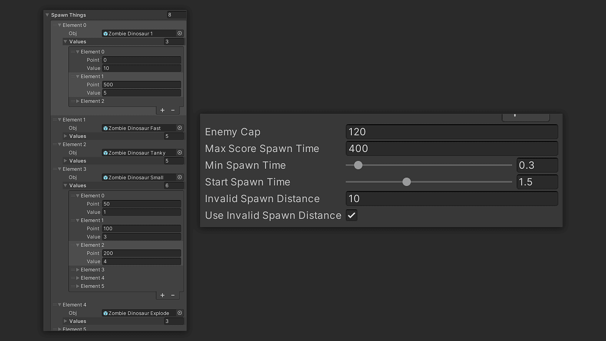Unity inspector showing the spawn settings, with each enemy type's score thresholds and spawn weights