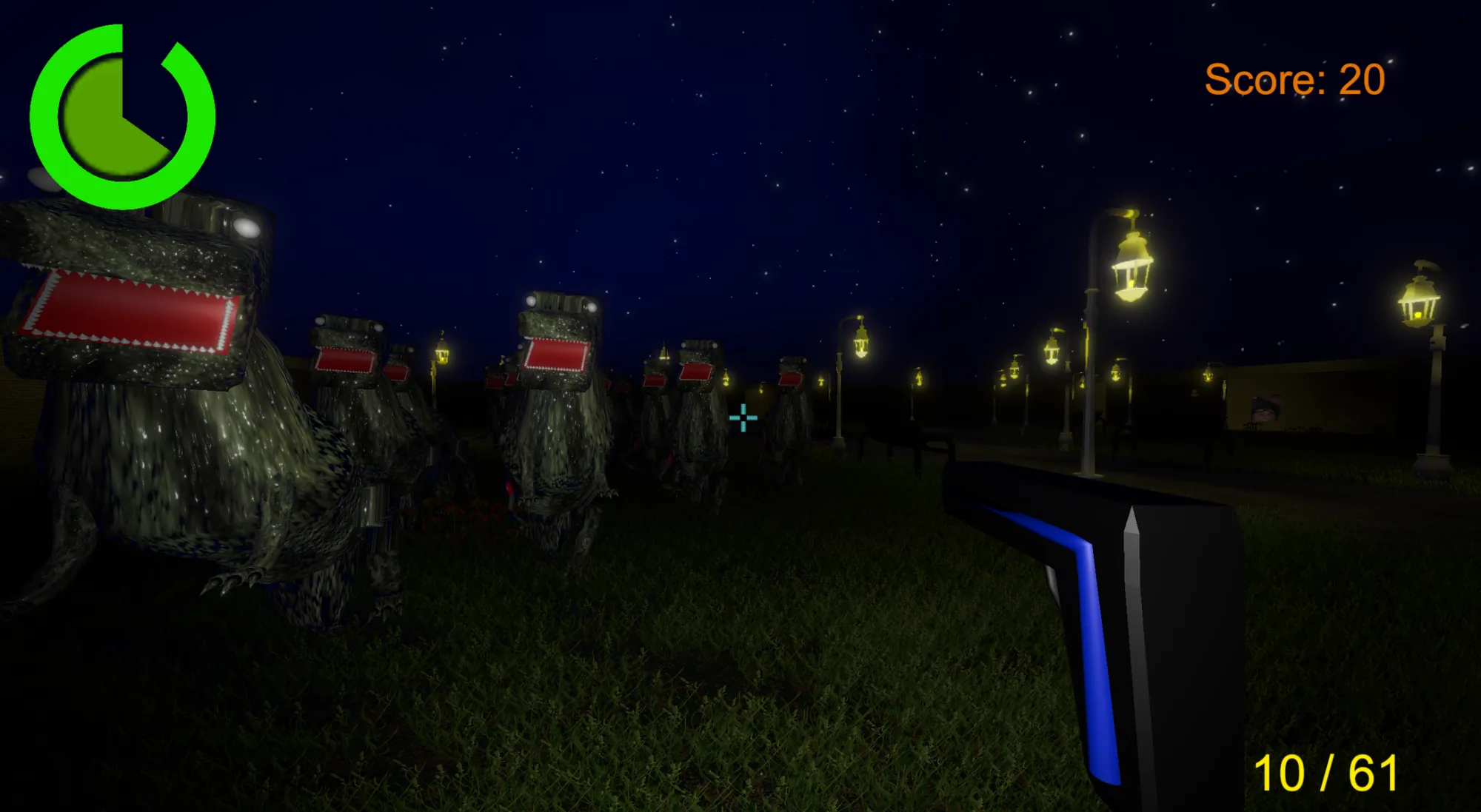 First-person view of a pistol aimed at a group of zombie dinosaurs in a lamplit park at night