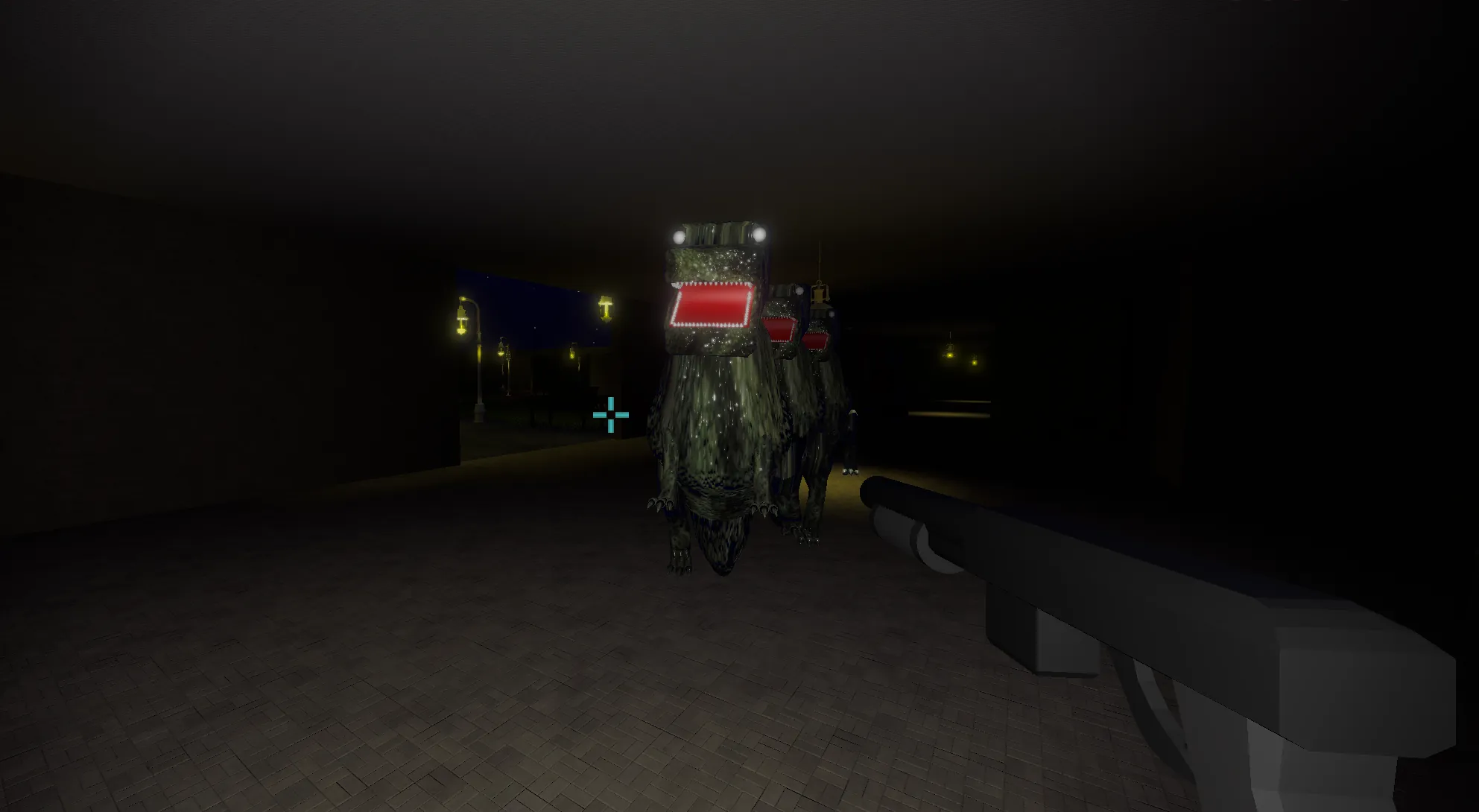 First-person view of a shotgun aimed at a zombie dinosaur in a dark underpass