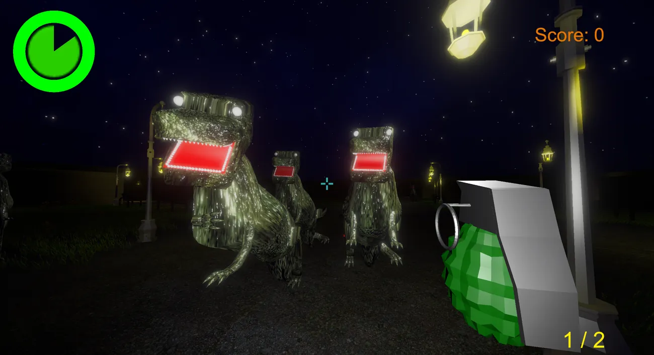 First-person view of a primed grenade held up as three zombie dinosaurs approach