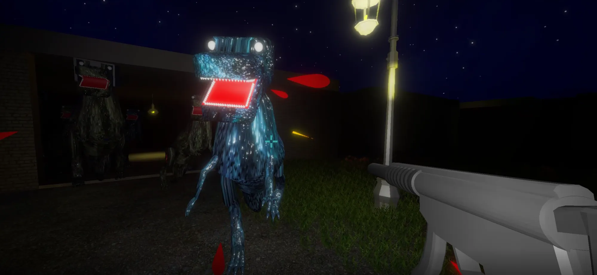 A blue, faster zombie dinosaur charging at close range with more following behind it