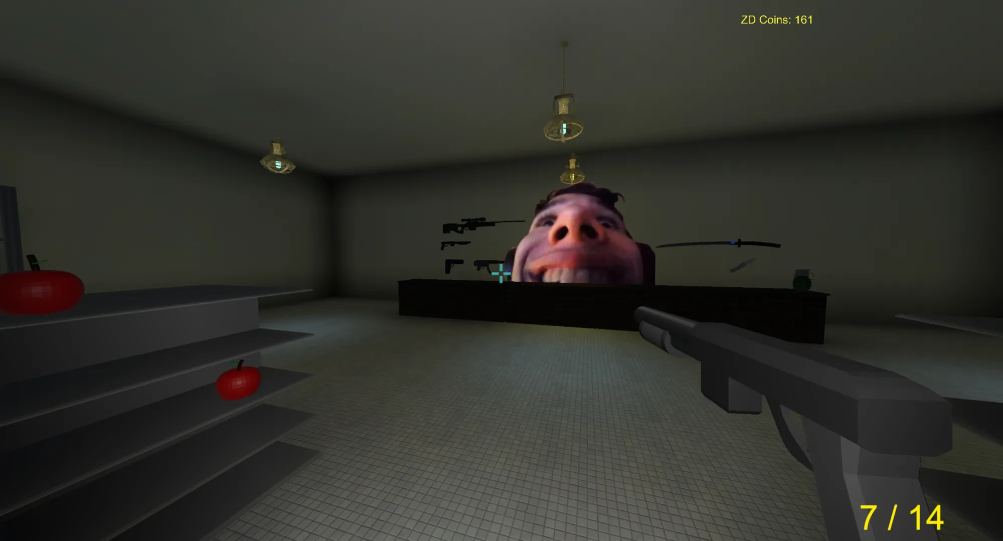 The in-game shop, with a pistol, SMG, shotgun, sniper rifle, katana and grenades laid out on a counter