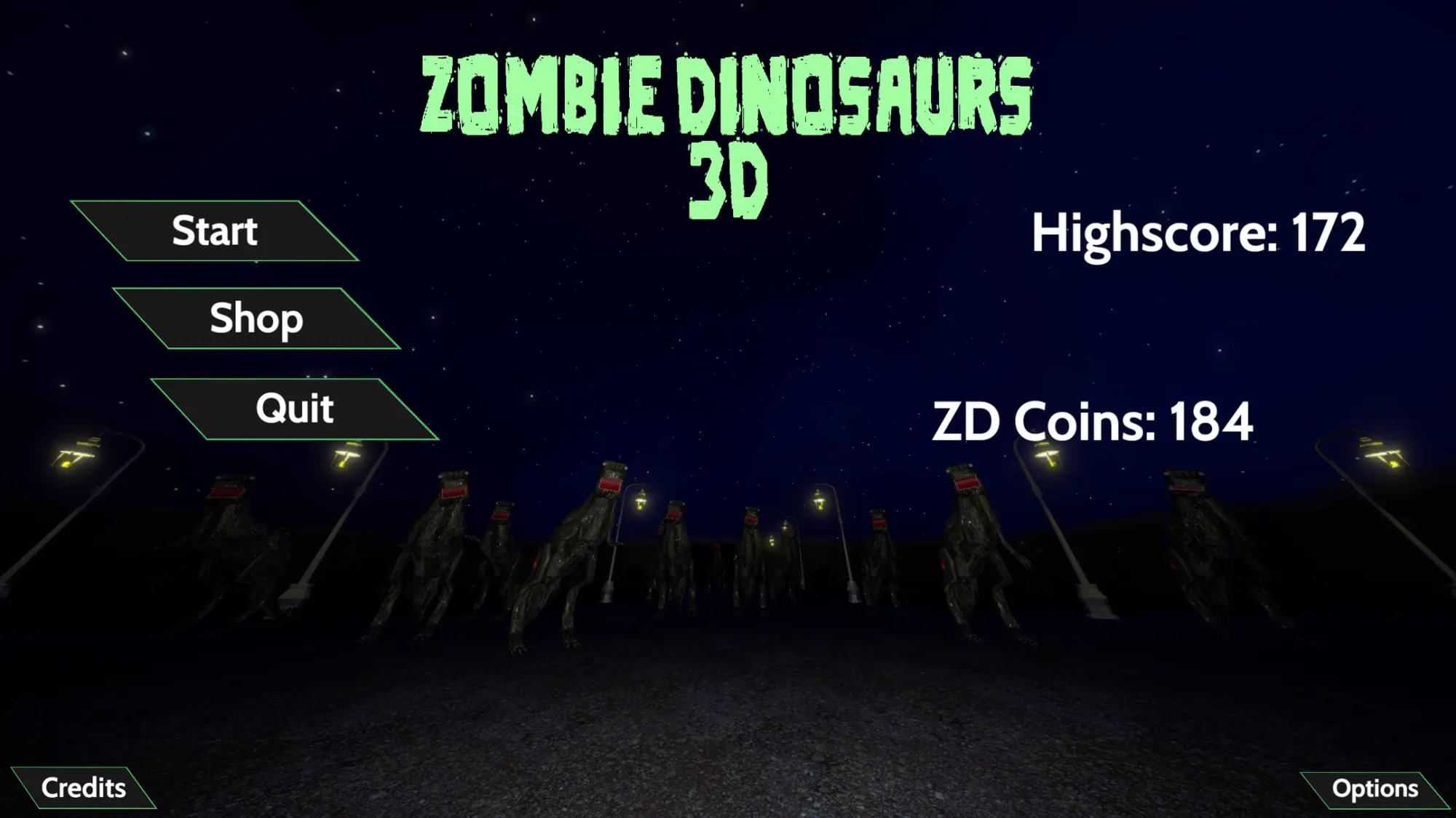 The Zombie Dinosaurs 3D title screen, with a row of zombie dinosaurs standing under a night sky